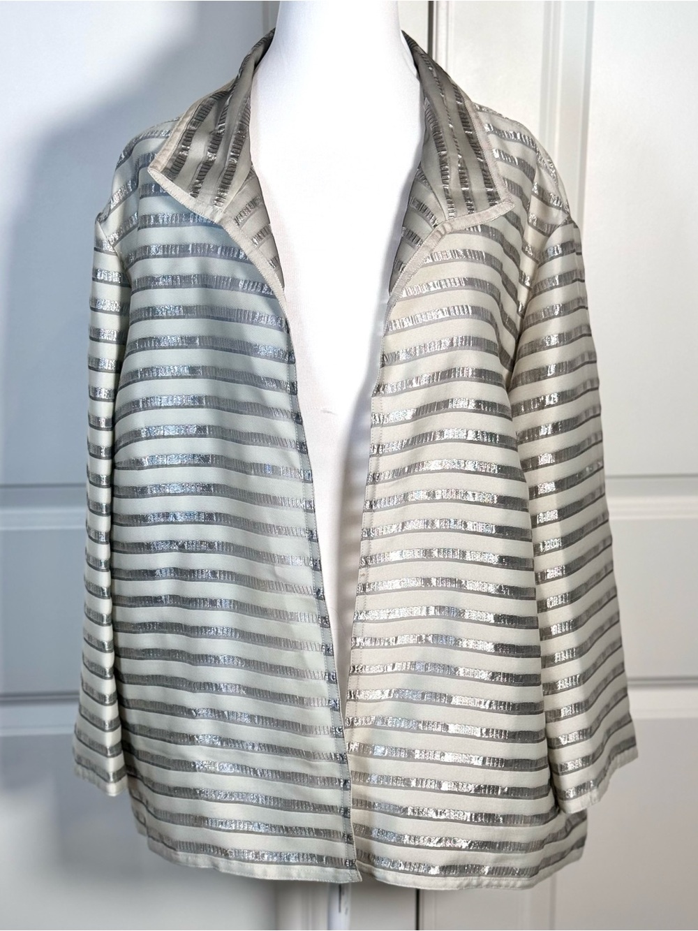 Lafayette 148 L Metallic Stripe Topper Jacket Silver Gray Sheer Open Front Party